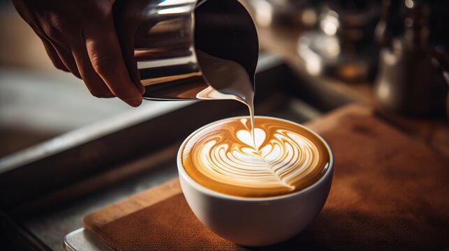 Barista making latte art coffee in coffee shop vintage color tone