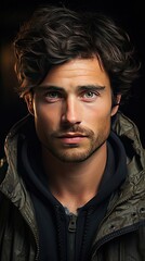 Fototapeta premium Close-up portrait of a young attractive man. Man face portrait illustration. Generative AI