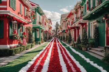 classic red and green to whimsical candy cane stripes, the houses on this street are decked out in a variety of festive colors and patterns, creating a visual feast for the eyes - obrazy, fototapety, plakaty
