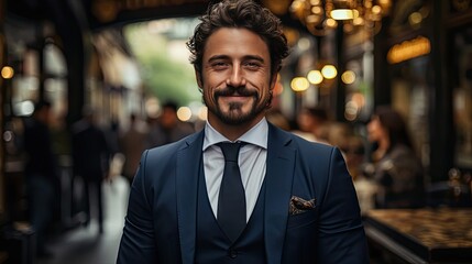 Fototapeta premium Young hispanic businessman with arms crossed smiling happy at the city. Man portrait illustration. Generative AI