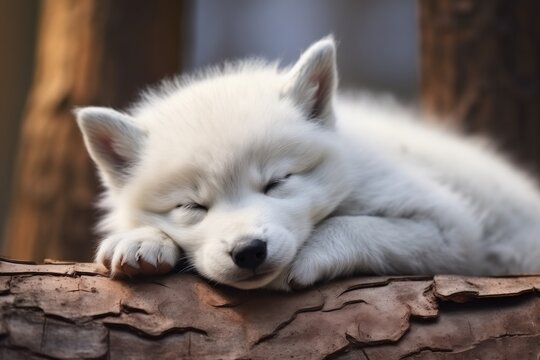 Sleeping White Baby Wolf In Nature