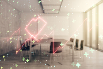 Double exposure of abstract virtual heart rate hologram on a modern meeting room background. Healthcare technolody concept