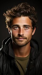 Fototapeta premium Closeup Of Happy Young Man Over Background. Man face portrait illustration. Generative AI