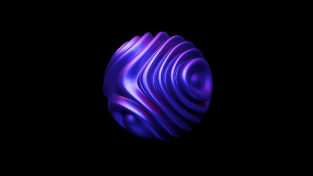 Digital sound concept: waving metal surface of 3D ultraviolet rotating sphere. Abstract visualization of sound waves, big data or artificial intelligence. Looped 4K animation of flowing digital waves