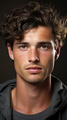 Closeup portrait of young man with health clean skin on background. Man face portrait illustration. Generative AI