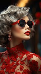 Close-up of a glamorous female model with artistic makeup wearing funky sunglasses. Attractive woman with red lipstick and nailpaint looking away on background. Model illustration. Generative AI