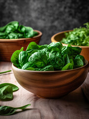 Wooden bowl with fresh spinach leaves on dark rustic wooden background. Vegan food lifestyle concept. Copy space.