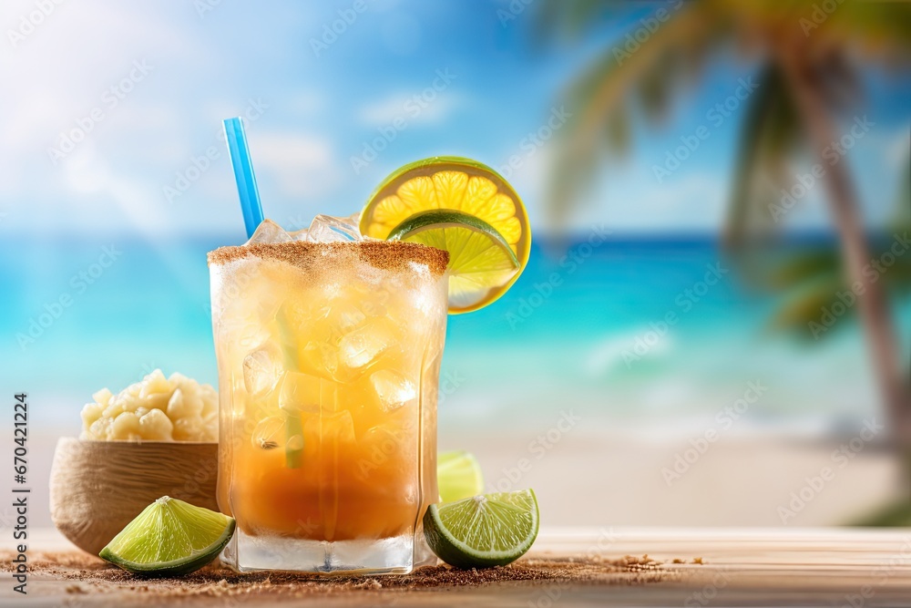 Poster a drink with a straw and lime on a table next to the beach. generative ai