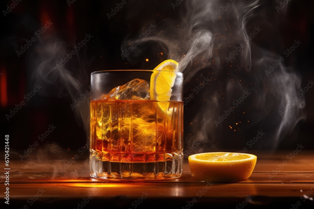 Poster a glass of whiskey with ice and a slice of lemon. generative ai