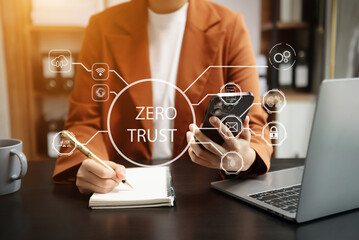 Zero trust security concept Person using computer and tablet with zero trust icon on virtual screen...