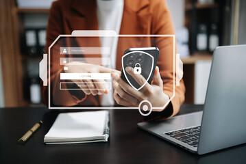 Cyber security concept, Login, User, identification information security and encryption, secure access to user's personal information woman using smart phone and tablet