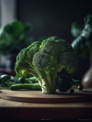 Fresh green broccoli on a dark brown background