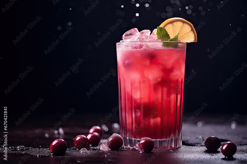 Poster a drink with a lemon slice and ice on a table. generative ai