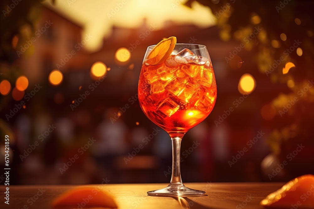 Poster a glass filled with ice and a slice of orange on top of a table. generative ai