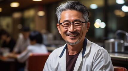 Obraz premium Portrait of a middle-aged doctor against the background of a hospital. Doctor at workplace with ai generative