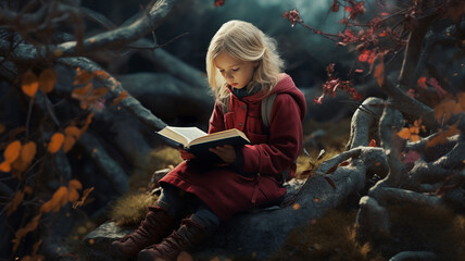 A girl sits and reads a novel in the middle of an imaginary forest.