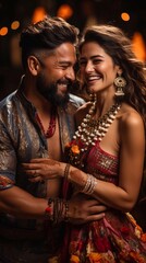 Dancing Indian couple, wearing in traditional clothes, celebrating Indian Festival Diwali. AI generated