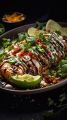 Close up Mexican flat enchiladas with vegetable chunks and greens in iron pot on dark background. AI generated