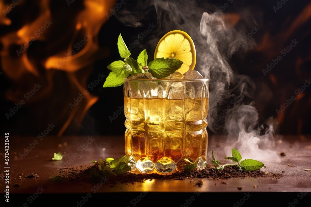 Poster a glass filled with ice and a lemon slice on top of a table. generative ai
