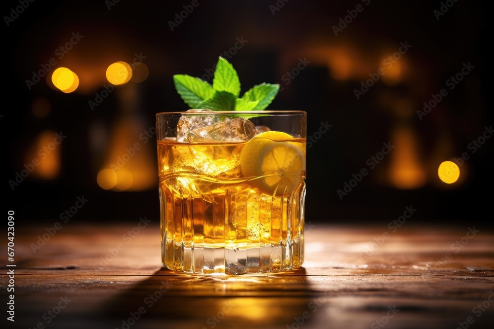 Poster a glass filled with ice and a lemon slice on a table. generative ai