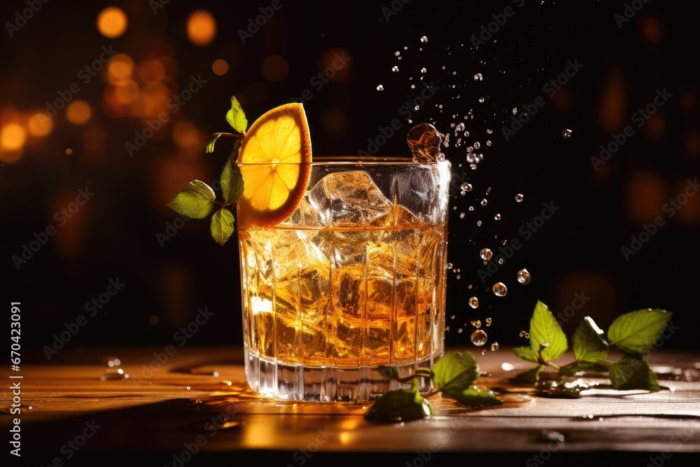 Aufkleber a glass filled with ice and a slice of lemon on top of a table. generative ai