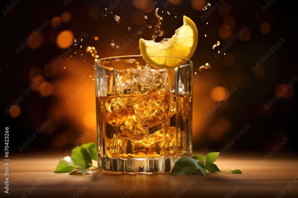 Poster a glass of whiskey with ice and a lemon slice on a table. generative ai