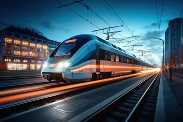Fototapeta premium Electric passenger trains travel at high speed.