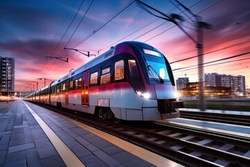 Fototapeta premium Electric passenger trains travel at high speed.