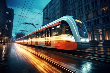 Electric passenger trains travel at high speed.