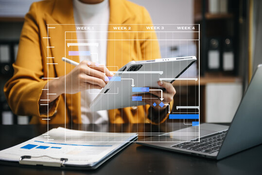 Project manager working and update tasks with milestones progress planning and Gantt chart scheduling diagram.business tram working