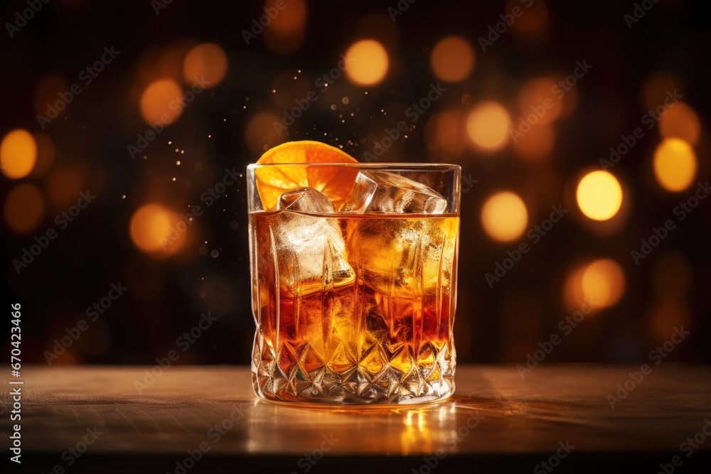 Poster a glass filled with ice and an orange slice on top of a table. generative ai