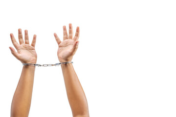 Human hand in handcuff with a hand gesture