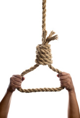 Man hand holding rope with a hangman noose knot