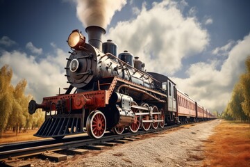 Vintage steam train with vintage locomotive and old carriages running on railway tracks in countryside wide angle lens. - obrazy, fototapety, plakaty
