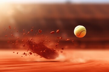 Tennis Ball Splashing On Red Clay Court Sport Illustration - obrazy, fototapety, plakaty