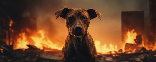 Terrified Dog In Burning City, Traumatized - obrazy, fototapety, plakaty