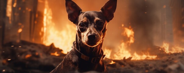 Terrified Dog In Burning City, Traumatized
