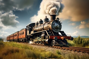 Vintage steam train with vintage locomotive and old carriages running on railway tracks in countryside wide angle lens. - obrazy, fototapety, plakaty
