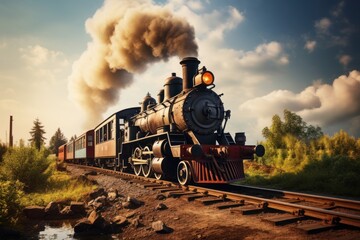 Fototapeta premium Vintage steam train with vintage locomotive and old carriages running on railway tracks in countryside wide angle lens.