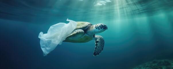 Turtle With Plastic Bag Underwater, Symbolizing Pollution