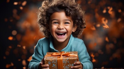 Portrait of smilling kid boy with gift box in hands. AI generated