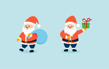 Cute simple Santa Claus vector cartoon icon illustration. Happy smiling Santa standing and walking with gifts. Traditional Christmas winter holiday design element for greeting cards
