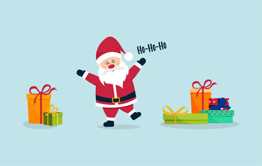 Happy Santa Claus waving and wishes happy holidays isolated on a blue background. Happy Santa with gift boxes small set