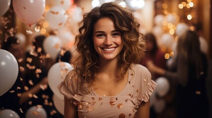 Obraz na płótnie Canvas Happy beautiful woman at a graduation party among confetti. AI generated