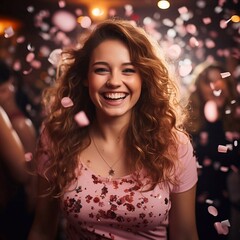 Obraz na płótnie Canvas Portrait of Happy young girl in celebrates at a birthday party among confetti. AI generated