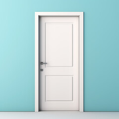 A single white color square design door on a light blue color wall background. Stock photos for designers