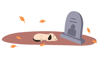 Lonely dog lying on the ground at the burial. Concept of loss and grief. Dog in the cemetery.