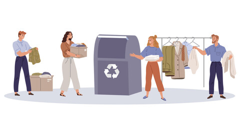 Recycling clothes. Vector illustration. Material selection is crucial for minimizing environmental impact clothing production Pollution caused by textile industry requires urgent attention and social
