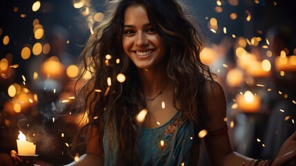 Portrait of Indian beautiful girl, wearing in traditional clothes, with candles in hands. Celebrating Indian Festival Diwali. AI generated