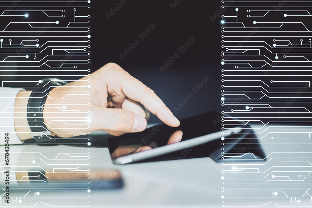 Aufkleber double exposure of circuit hologram and finger clicks on a digital tablet on background. research an